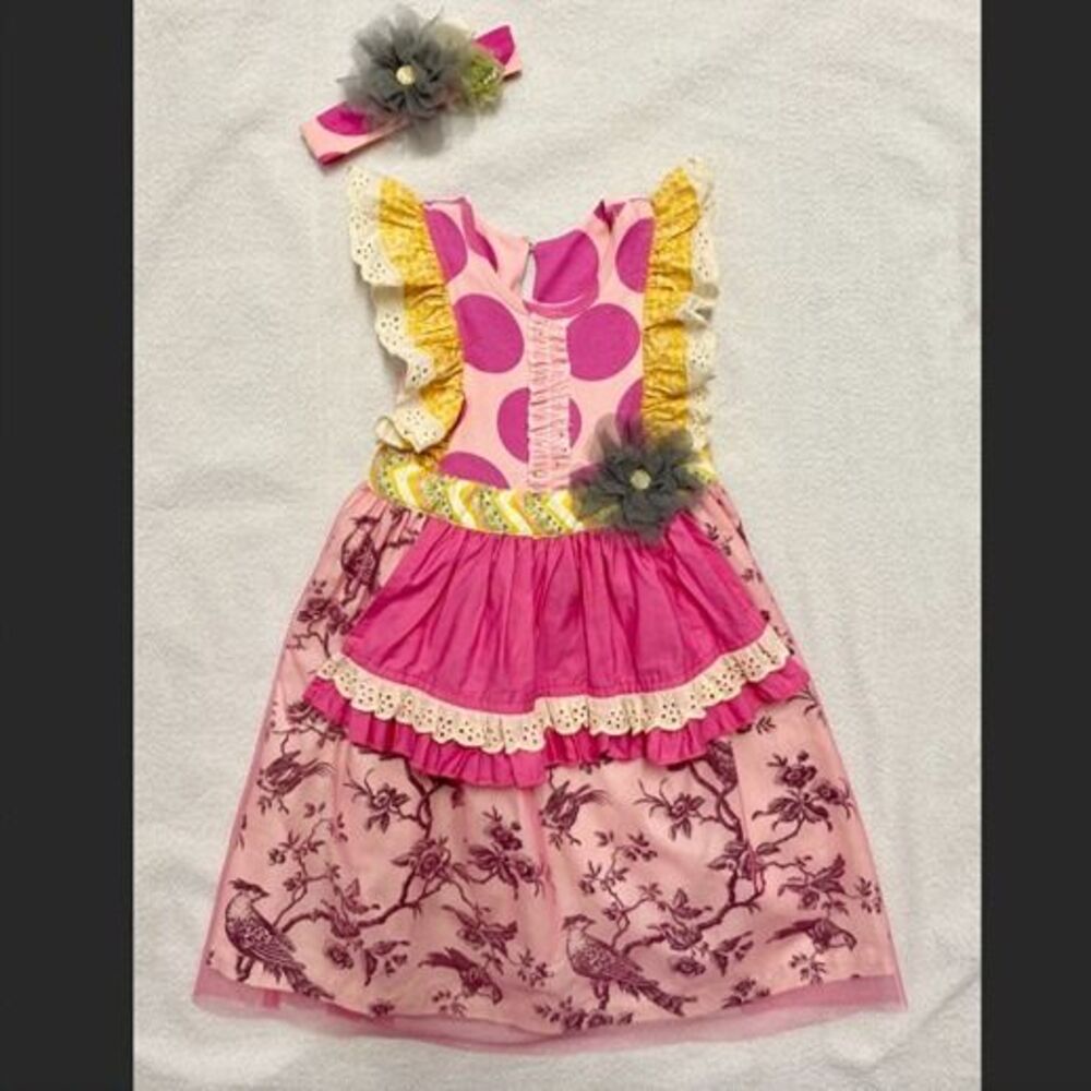 Giggle moon birdie apron dress and matching headband. Size 7